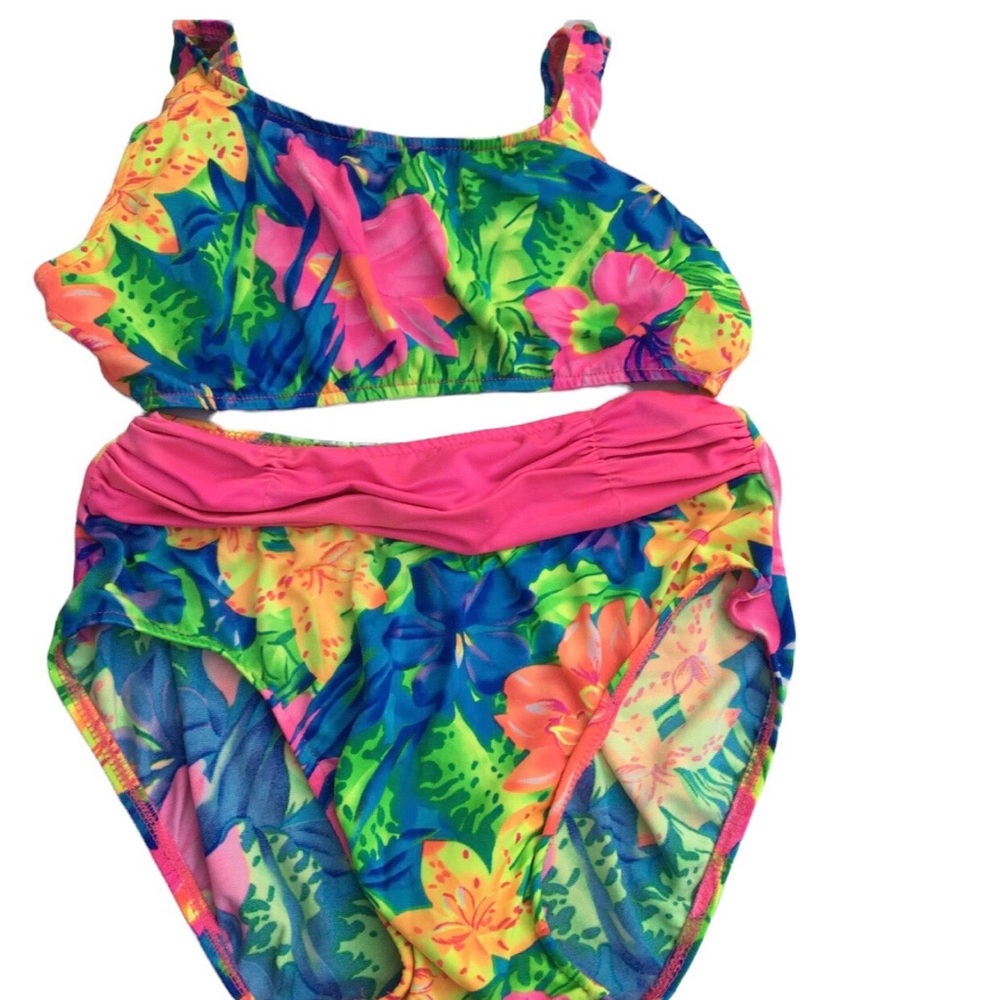 Sea Fair 2 Piece Artsy Swim suit Tropical Sz 12 Multi-color Ruched waistband EUC